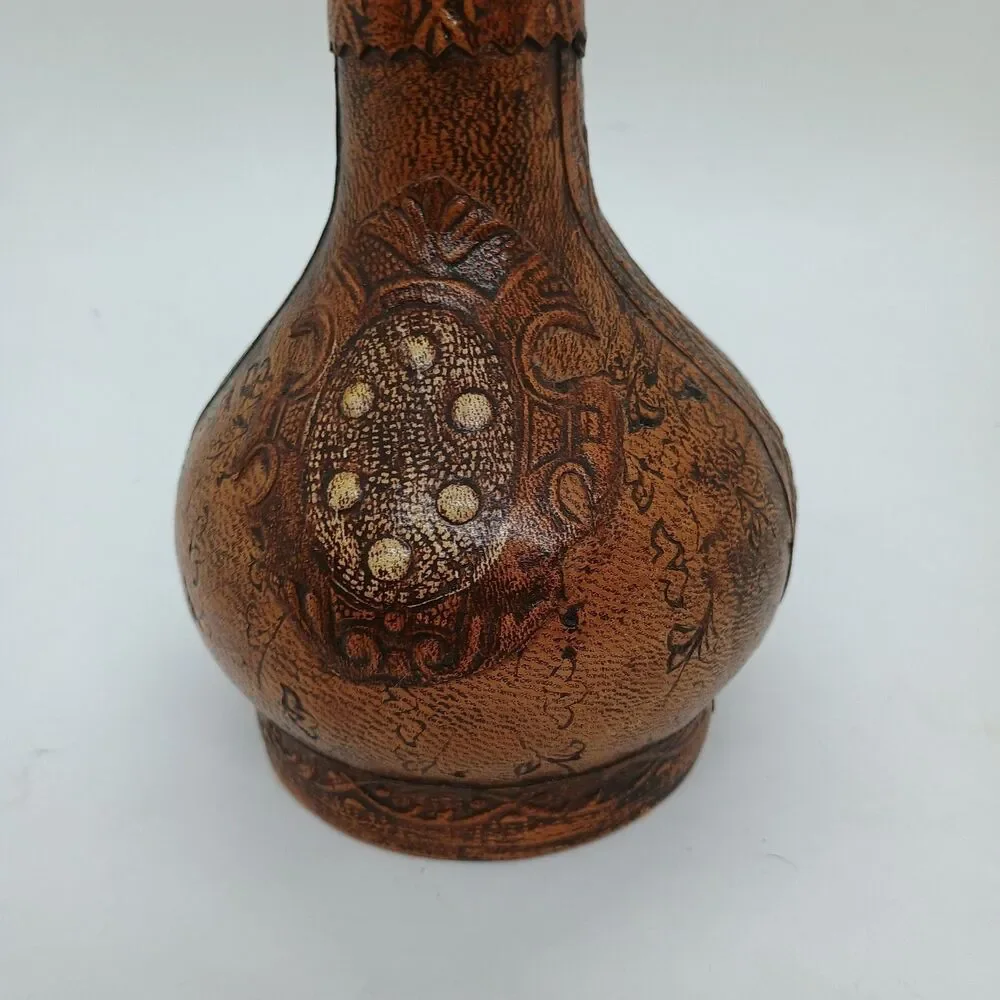 Vintage Italian Brown Leather Covered Decanter w/ Stopper Mid Century EMPTY